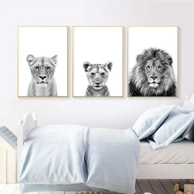Купить Картина на холсте с животными Лев, львица и львенок, холст, постеры  и принты, настенные панно для украшения гостиной, домашний декор | Joom