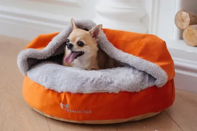 Лежак для собак с капюшоном оранжевый | Лежанка для котов с одеялом |  HAUSTIER