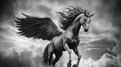 Бесплатное изображение: Монохромная графика величественного сказочного коня  Пегаса из мифологии