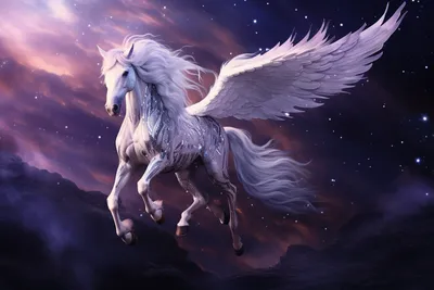 белый конь с крыльями, летящими в голубом небе с созданным айем.  Иллюстрация штока - иллюстрации насчитывающей фантазия, греческо: 278355244