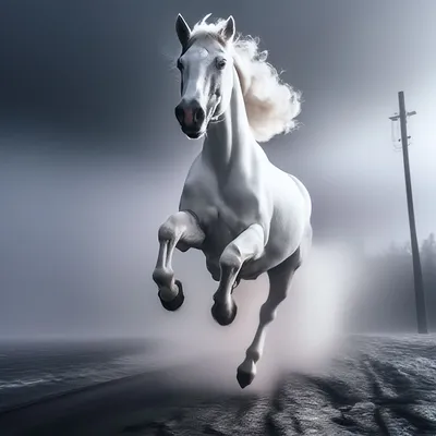Белая лошадь в тумане в прыжке, …» — создано в Шедевруме