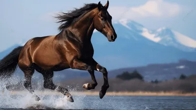 красивая лошадь скачет по воде с горным пейзажем над ногой, скачущая лошадь,  Hd фотография фото, галопом фон картинки и Фото для бесплатной загрузки