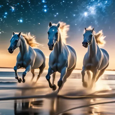 Три лошади бегут по берегу, …» — создано в Шедевруме