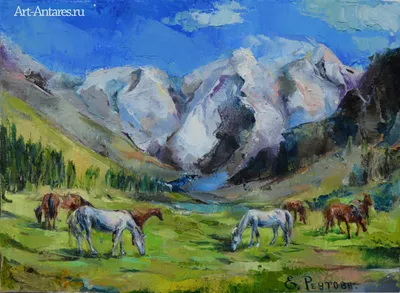 Лошади в горах - анималистика маслом художника Разживина