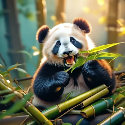 Милая панда ест бамбук , реалистично…» — создано в Шедевруме