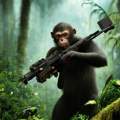 Cgi, обезьяна с автоматом, лес, …» — создано в Шедевруме