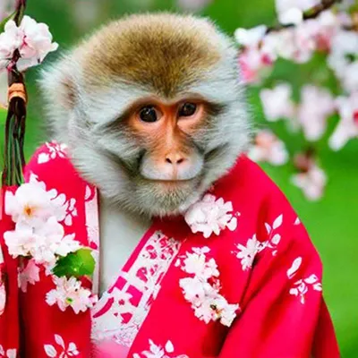 Веселая обезьяна с цветами сакуры в…» — создано в Шедевруме
