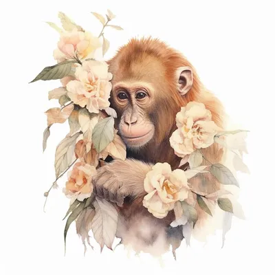 Рисунок обезьяны с цветами, созданный ии | Премиум Фото