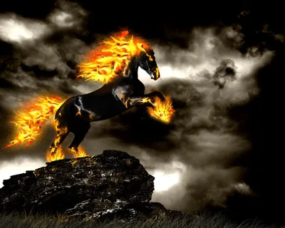 Огненная лошадь бежит галопом на темном фоне | Премиум Фото