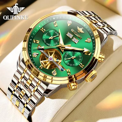Купить OUPINKE Новые лучшие мужские часы Механические часы Green Water  Ghost Многофункциональные механические часы Высококачественные часы | Joom