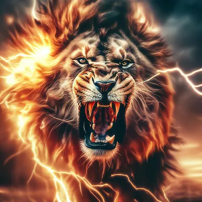 Лев из огня в прыжке, в ярости.…» — создано в Шедевруме