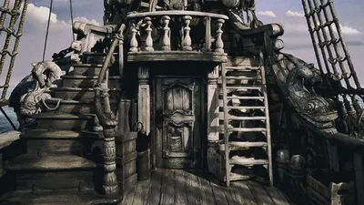 Палуба пиратского корабля с лестницами и карамболями Стоковое Изображение -  изображение насчитывающей колесо, представьте: 121669355