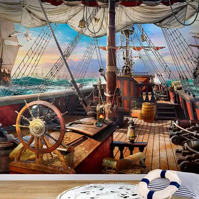 Фотообои детские на стену флизелиновые для мальчика ПЕРВОЕ АТЕЛЬЕ \"Пиратский  корабль, палуба парусника со штурвалом\" 300х210 см (ШхВ), моющиеся, Premium  - купить по выгодной цене в интернет-магазине OZON (307647163)