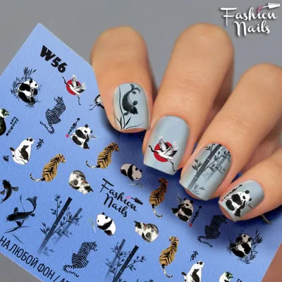 Слайдер Дизайн ногтей Панда Рыбка Бамбук - Наклейки на ногти с животными -  Слайдеры водные наклейки КОШКИ