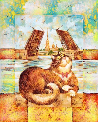 Доска разделочная акварель Два кота на площади и карета Санкт-Петербург  18Х29 см