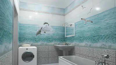 Картина из плитки для ванной / Керамическое панно на стену Дельфины - Цена  от Pavlin Art