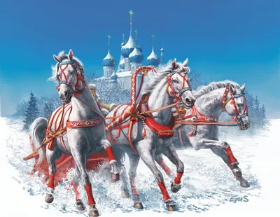 Русская тройка лошадей идет на дорогу снега в зимнем дне Стоковое  Изображение - изображение насчитывающей праздник, шестерня: 137429111