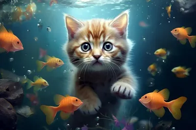 Кот и рыба кот в воде | Премиум Фото