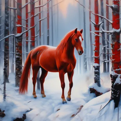 Рыжий конь зимой в лесу один» — создано в Шедевруме