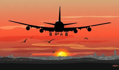 Обои на рабочий стол Самолет идет над взлетной полосой на фоне красного  закатного неба, by Irisepus, обои для рабочего стола, скачать обои, обои  бесплатно