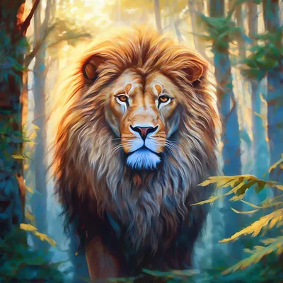 Идеально прорисованный лев в лесу. …» — создано в Шедевруме