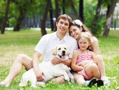 Пикник семьи с собакой стоковое фото. изображение насчитывающей девушка -  106695416