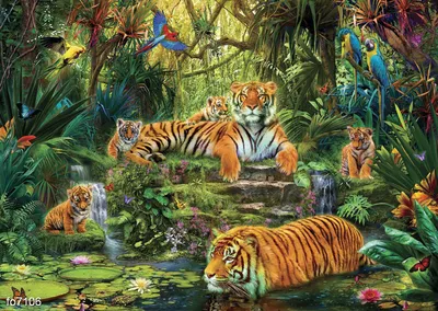 Фреска и фотообои Ян Патрик Красный - Семья тигров (7106)