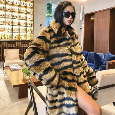 2022 пальто из искусственного меха, имитация тигра, удлиненная Свободная  Женская одежда | AliExpress