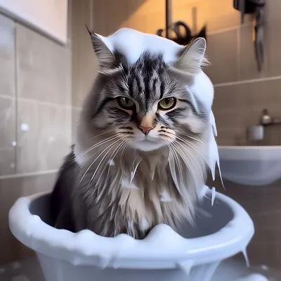 Серый сибирский кот моется в ванной…» — создано в Шедевруме