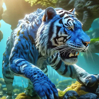 Древний синий тигр выползает из …» — создано в Шедевруме