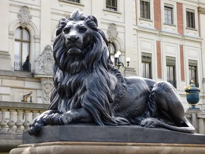 Купить Скульптура льва из бетона - Королевский лев в античной бронзе в  Москве