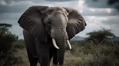Слон с бивнями стоит в поле на фоне облачного неба. | Премиум векторы