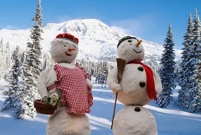 Снеговик и снежная баба в зимнем вальсе