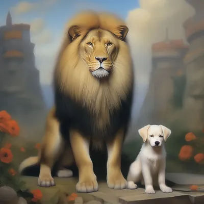 Лев 🦁 собака 🐶» — создано в Шедевруме
