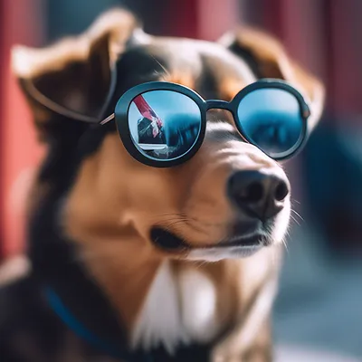 Собака в очках которых отражается …» — создано в Шедевруме