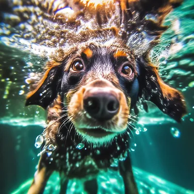 Собака купается под водой 4к …» — создано в Шедевруме