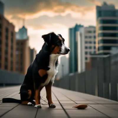 Собака срущая на фоне города» — создано в Шедевруме