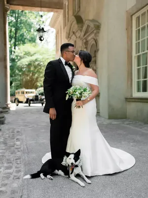 Собачье свадебное фото: довольный …» — создано в Шедевруме