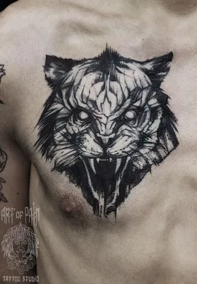 Татуировка мужская графика на груди оскал тигра 945 | Art of Pain