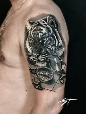 Фото татуировка тигра на предплечье сделать в тату салоне в Москве по  низкой цене