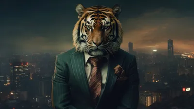 A 4K ultra hd wallpaper of a chic tiger in a stylish blazer, posing with an  urban cityscape as the backdrop