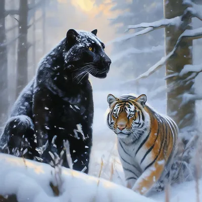 Фото Хищники в ряд : пантера с трубкой, тигр с тигренком, лев, росомаха,  все в доспехах