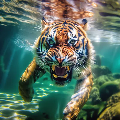 Лицо азиатского тигра плавало в воде озера. | Премиум Фото