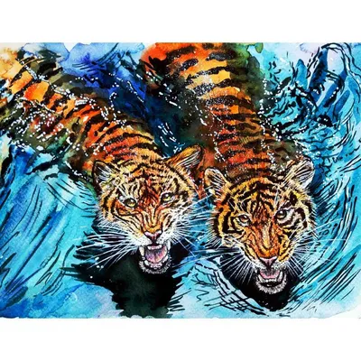 Картина Тигр в воде. Размеры: 50x60, Год: 2023, Цена: 33800 рублей Художник  Зайцева Юлия Андреевна
