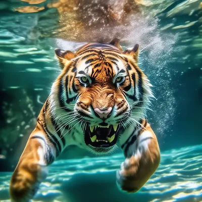 Тигр под водой, ныряет, реалистично» — создано в Шедевруме