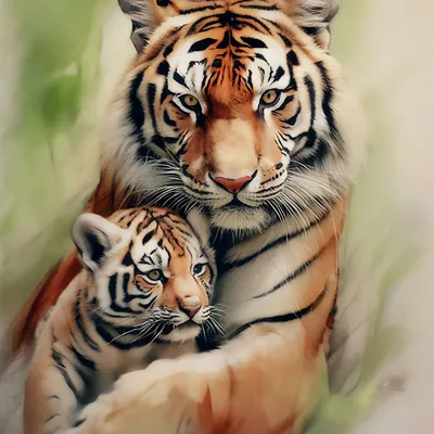 Тигры Тигрица обнимает тигренка ,…» — создано в Шедевруме