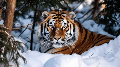 Фотообои Тигр в зимнем лесу на стену. Купить фотообои Тигр в зимнем лесу в  интернет-магазине WallArt