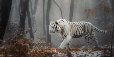 Черно-белый тигр с зимнем лесу. …» — создано в Шедевруме