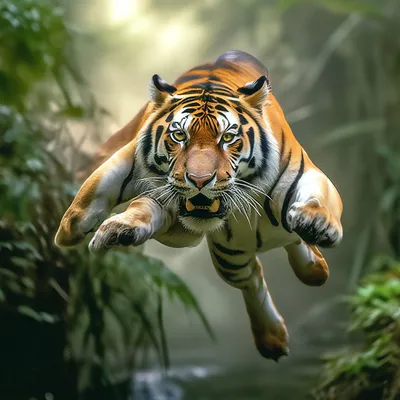 Тигр в прыжке за добычей» — создано в Шедевруме