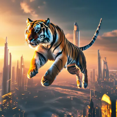 Тигр в прыжке на фоне города …» — создано в Шедевруме